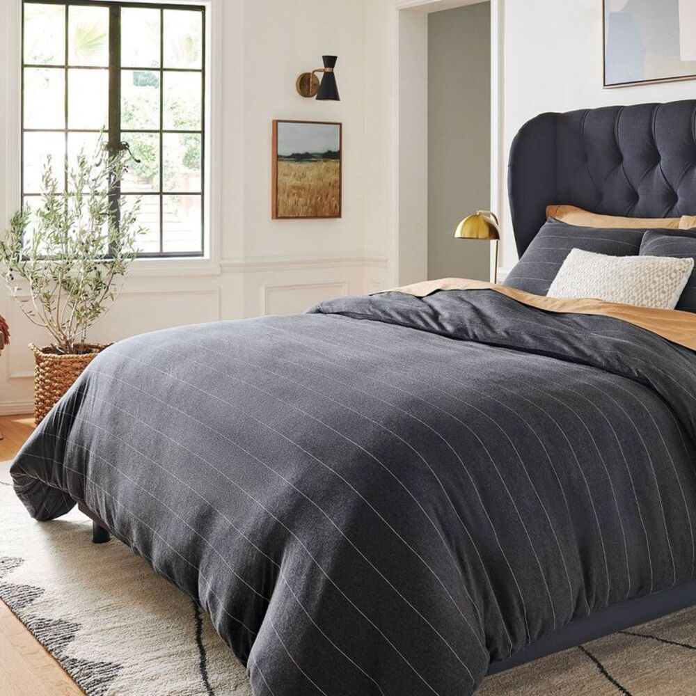Full/Queen Knitted Cotton Jersey Duvet Cover Set - Dark Gray Striped